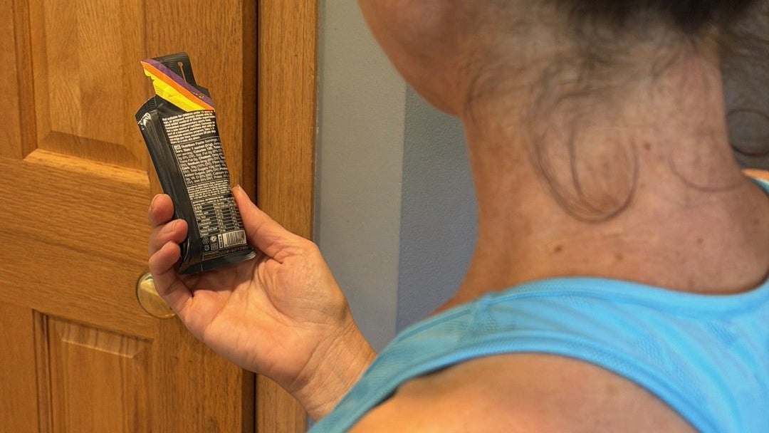Jodie reading the back label of an energy gel